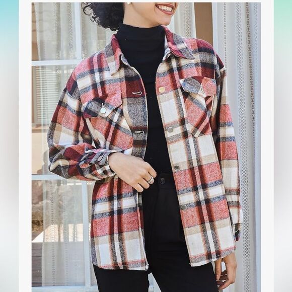 S Deer concept Womens Casual Flannel Plaid Shirts Shacket Jacket Small NWT - Picture 3 of 6